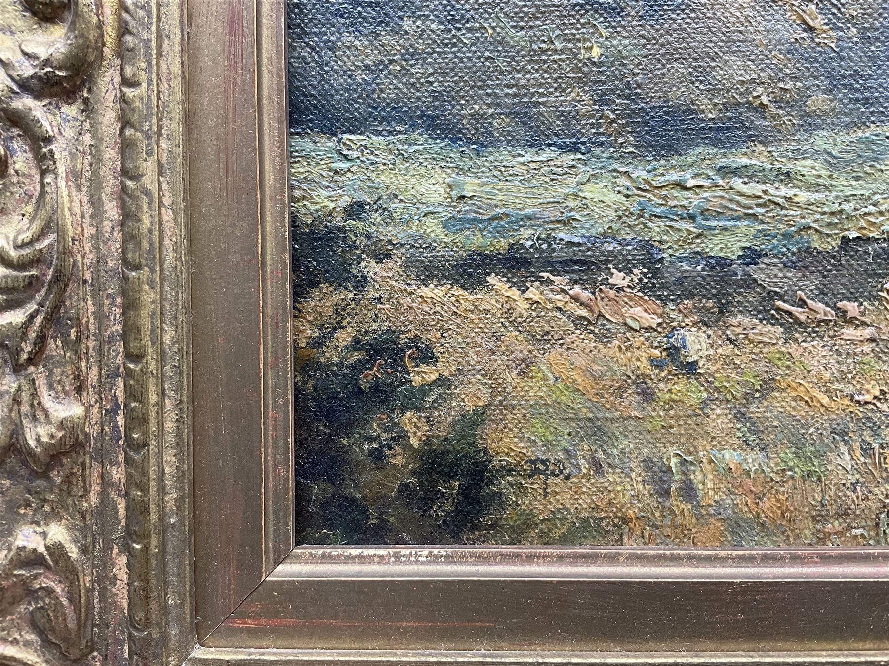 English School (20th century): Sheep in a Field, oil on canvas indistinctly signed 22cm x 31cm 