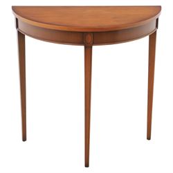 Georgian design yew wood demi-lune console table, sting inlaid with shell motifs