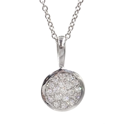  18ct white gold pave set diamond circular pendant necklace, stamped 750  