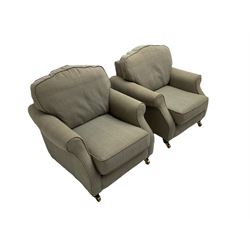 Two seat traditional style sofa (W188cm), and pair of matching armchairs (W90cm), upholstered in grey herringbone fabric, on bun feet with brass castors