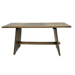 Stained beech plank side table or bench, splayed tapered end supports joined by pegged stretcher