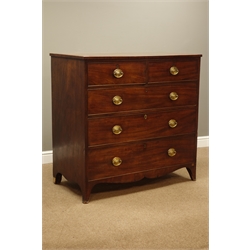 George III mahogany chest, rectangular cross banded top above two short and three long drawers, shaped apron with splayed bracket feet, W108cm, H107cm, D58cm  
