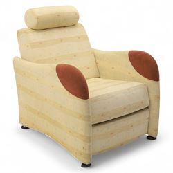 Ligne Roset - modernist French ‘Petite Sieste’ recliner armchair, cream upholstered with shaped back, built-in bolster headrest and curved armrests with contrast suede pads
