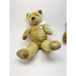 Two 1930s Chiltern type graduated teddy bears, one wood wool and one wood wool and kapok filled plush bodies, each with swivel revolving head, applied eyes and vertically stitched nose and mouth and jointed limbs, tallest H20.5