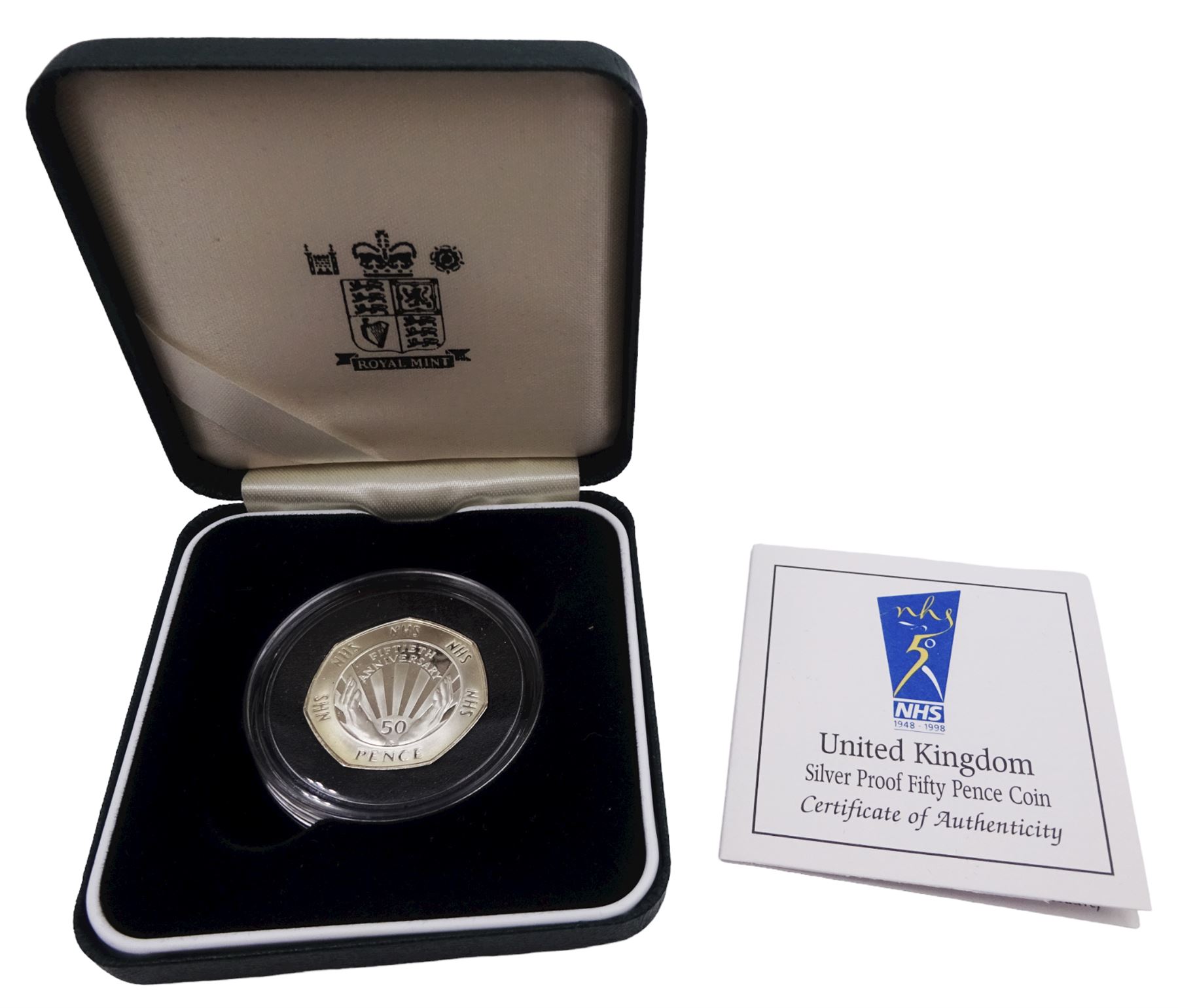 The Royal Mint United Kingdom silver proof coins, comprising 1990 five pence two-coin set, 1998 'His Royal Highness The Prince of Wales Fiftieth Birthday' crown, and 1998 'NHS 1948 -1998' fifty pence coin, all cased with certificates