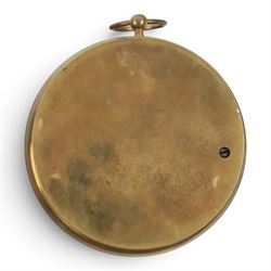19th century brass drum-cased aneroid barometer, with silvered dial, D12cm 