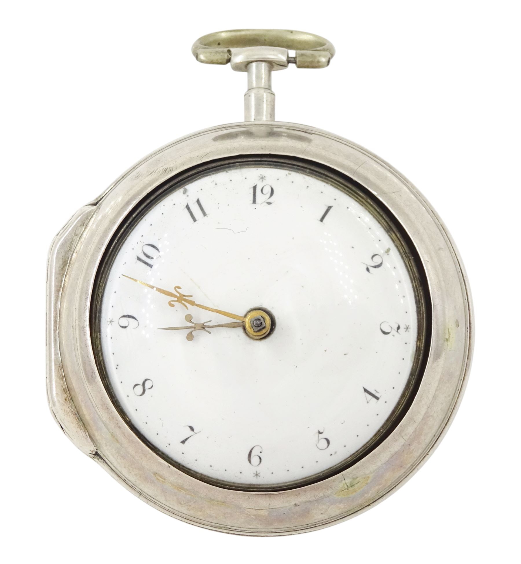 George III silver pair cased mock pendulum verge fusee pocket watch by William Crayton, London, No. 7391, the balance cock embossed with cherub decoration, white enamel dial with Arabic numerals and bull's eye glass, case by Thomas Sones, London 1761