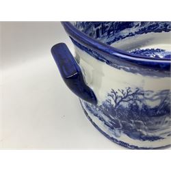 Blue and white transfer printed footbath, decorated with town scene and with twin carry handles, L48cm