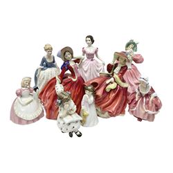 Nine Royal Doulton Figures including; Margarite HN1928, Autumn Breezes HN1034, Hope HN4097, Alison HN2336, Top of the Hill HN1834 and four others (9)