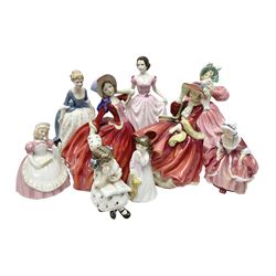  Nine Royal Doulton Figures including; Margarite HN1928, Autumn Breezes HN1034, Hope HN4097, Alison HN2336, Top of the Hill HN1834 and four others (9)