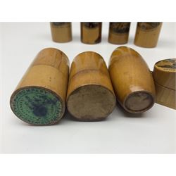 Collection of Mauchline ware relating to sewing, to include four ovoid shaped thimble cases, hinged lid thimble case and needle cases (12) 