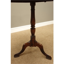  19th century mahogany wine table, shaped tilt top, on turned column with three weighted splayed legs, D57cm, H67cm  