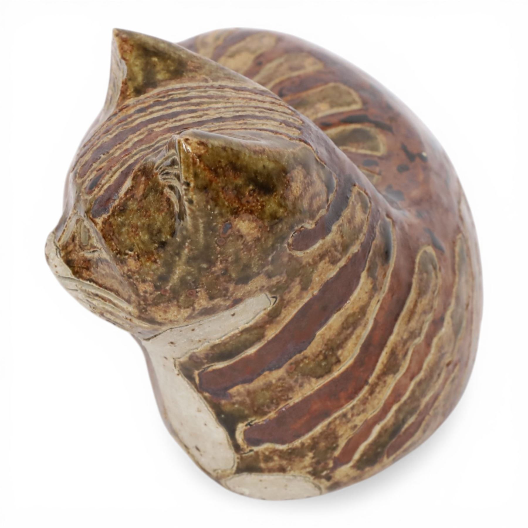 Rosemary Wren (1922-2013) - Oxshott pottery, stoneware sculpture of a recumbent cat, with impressed mark beneath, H14cm  