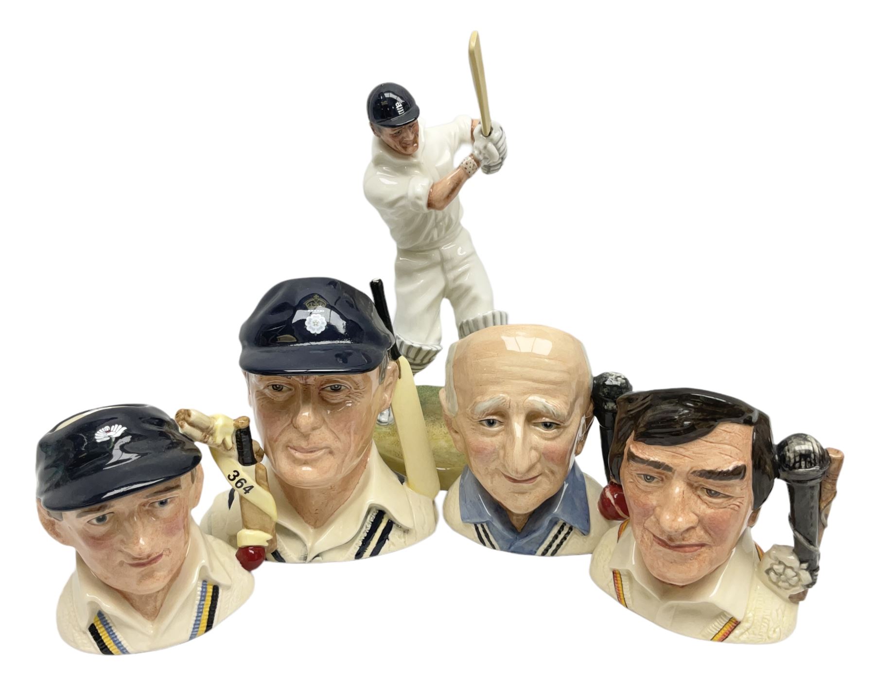 Royal Doulton limited edition figure of Geoffrey Boycott O.B.E, HN3890, no 253/8114, together with four Royal Doulton limited edition character jugs of cricket interest, comprising The Hampshire Cricketer D 6739, no 3903/5000, Freddie Trueman O.B.E, D 7090, no 502/9500, Brian Johnners Johnston, D 7018, no 1281/9500 and Len Hutton D 6945 no 263/9500, four with certificates, one with box