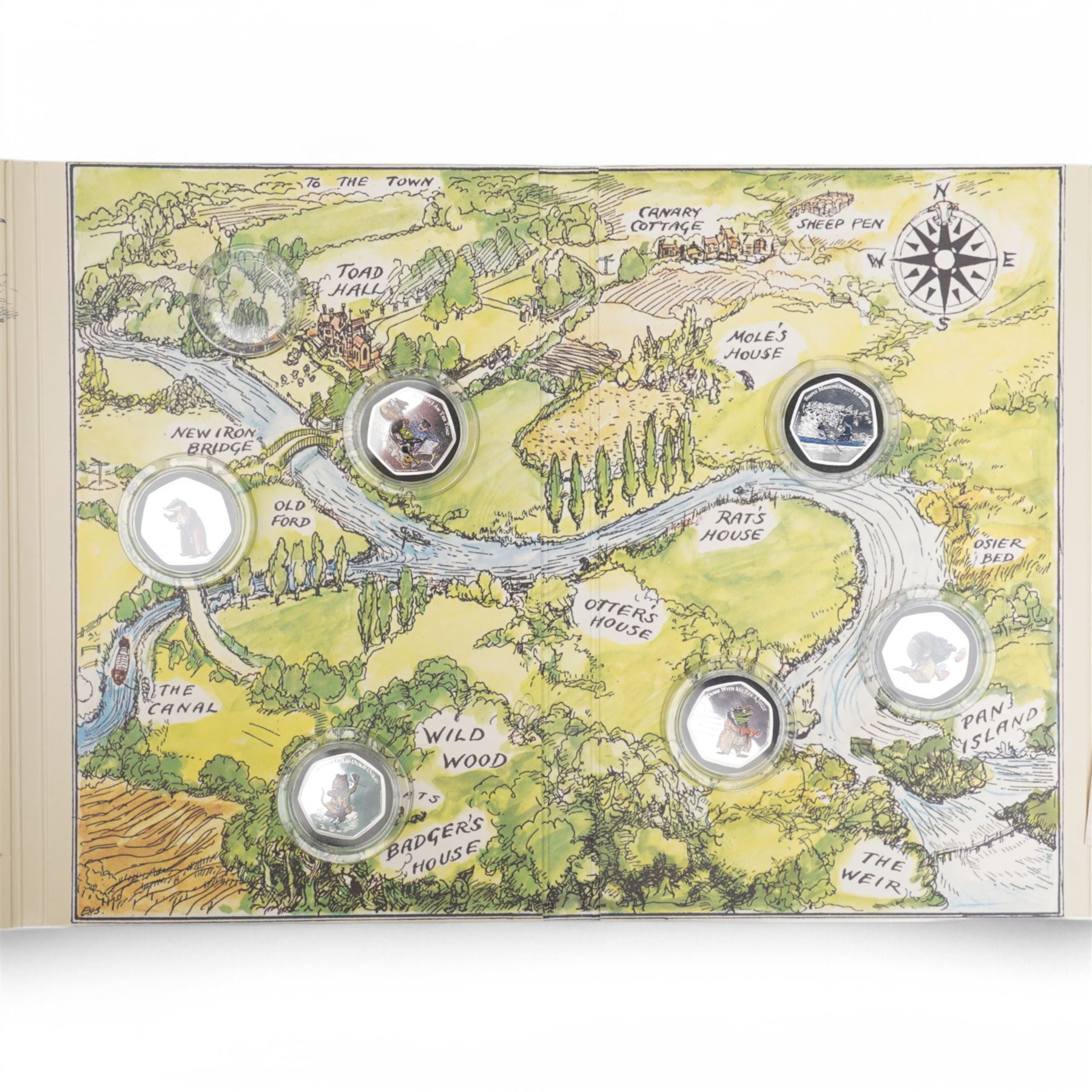 Two part coin sets 2021 'The Wind in the Willows' produced for the Bradford Exchange, one comprising six 'Fine .999 Silver' Ascension Island fifty pence coins, the second comprising six 'Layered in Pure Silver' Ascension Island fifty pence coins, both with certificates