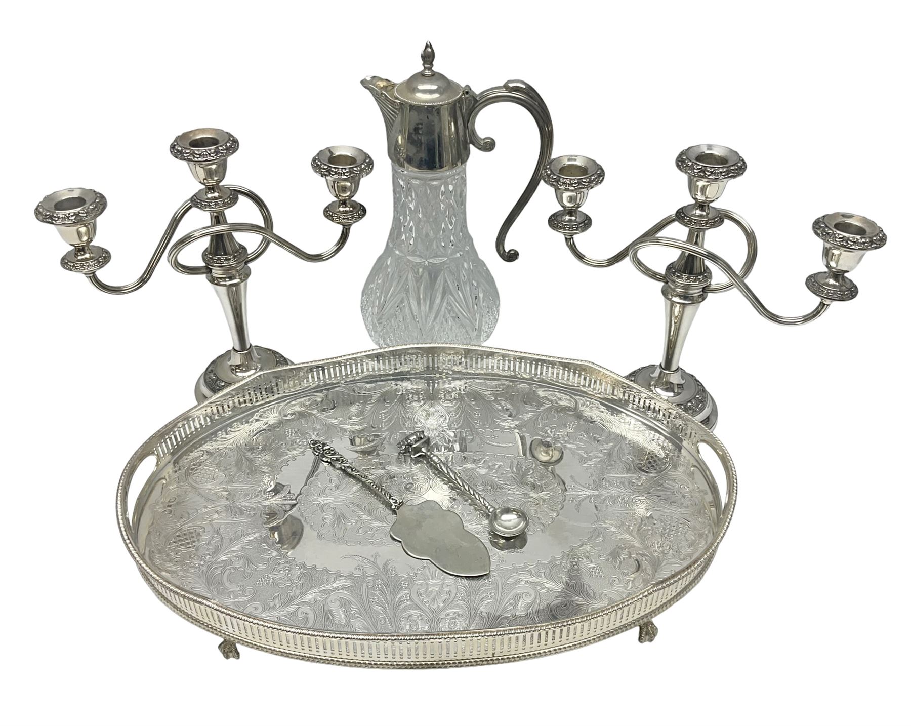 Glass claret jug, with silver plated top, together with other silver plate, to include pair of candelabras and tray with claw feet, jug H30