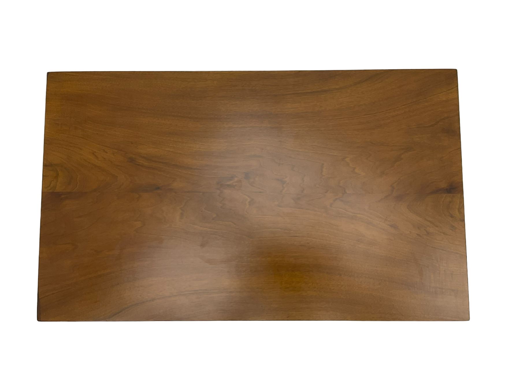 Beautility - early to mid-20th century walnut extending dining table, the additional leaf/coffee table with folding supports (76cm x 106cm - 153cm, H78cm); set of four dining chairs upholstered in teal leather 