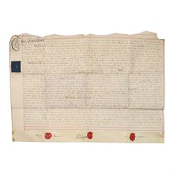 Newby Hall/Weddell family interest - collection of 18th century documents relating to William Weddell Esq of Newby Hall, including manuscript Weddell family pedigree, two printed Acts of Parliament for vesting part of his settled estates in trustees, vellum indentures, trustee appointment and Bank of England receipt, with reference to estates at Hutton, Earswick and elsewhere, dated 1777-1786 (6)