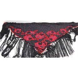  Art Deco style black satin shawl with red bead work decoration and long tasseled fringe    