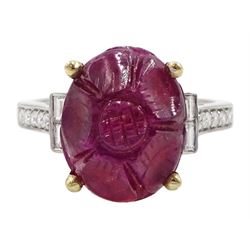 18ct white gold carved ruby ring, set with two baguette cut diamonds either side and diamond set shoulders, ruby approx 6.00 carat