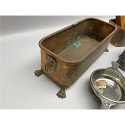 Copper rectangular planter with lion ring handles and lion paw feet, together with another brass planter, two kingmaker figures of coal miners, three pewter casts by the tudor mint, etc 