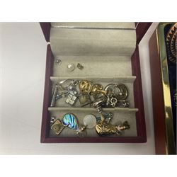 Costume jewellery including earrings, cufflinks, bracelets and necklaces, etc, and five wristwatches