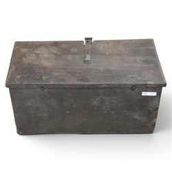 18th century small oak box with carved front, iron strap latch and hinges, fitted candlebox