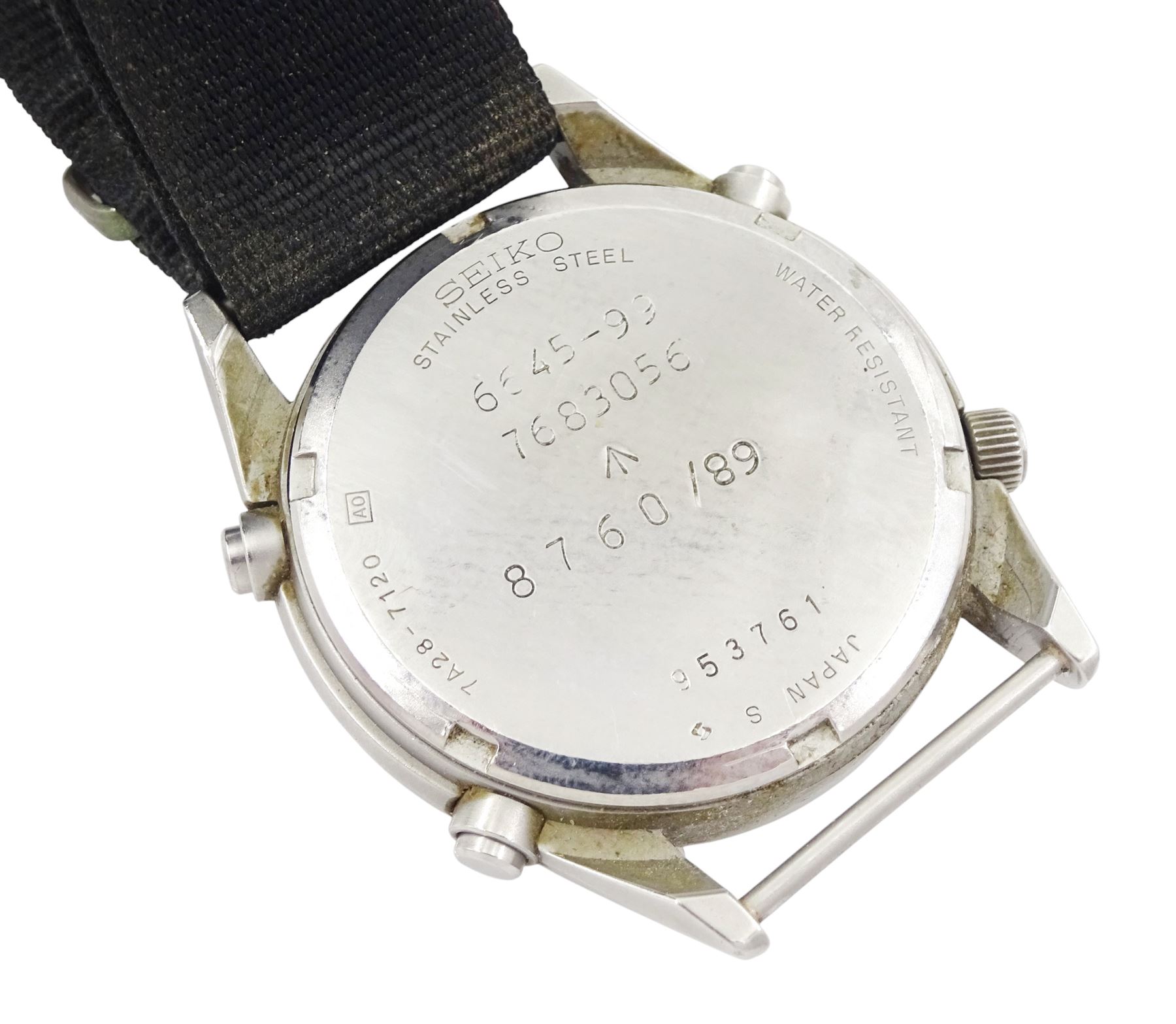 Seiko British military issue Generation 1 stainless steel quartz wristwatch, Ref. 7A28-7120, black dial with luminous hour markers, subsidiary constant seconds, 1/10 second and thirty minute recording dials, back case back with Military arrow and issue markings '6645-99 7683056 8760/89'