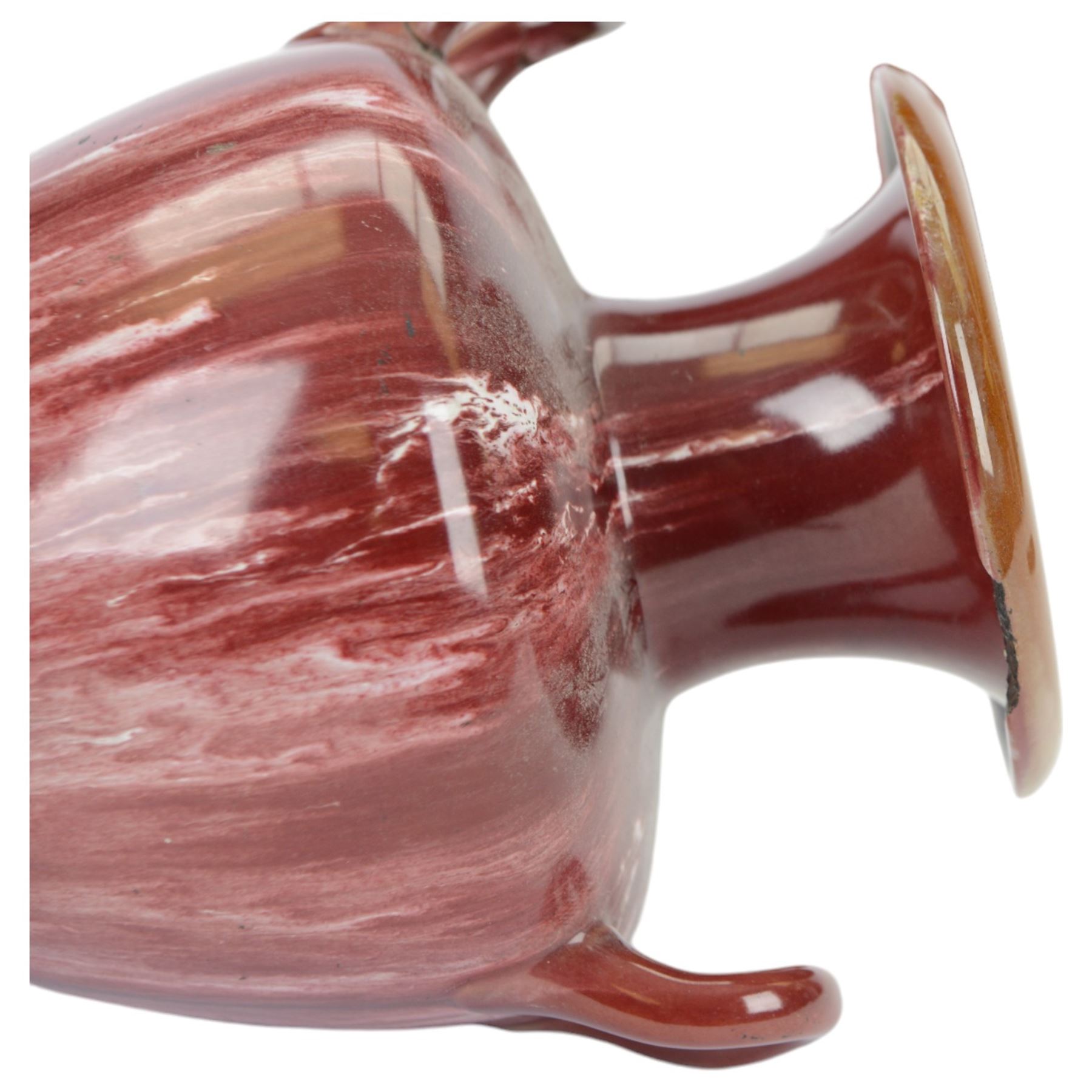 Linthorpe Pottery, pair of twin handled vases, with a purple glaze, H20cm