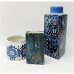 Royal Copenhagen 'Fajance' Baca totem square section vase by Nils Thorsson, printed marks and numbered 704/3259, H23cm, Royal Copenhagen Aluminia cylindrical pot and a Carn pottery rectangular vase (3)