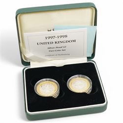 Six The Royal Mint United Kingdom silver proof coins or sets, comprising 1986 'XIII Commonwealth Games', 1997 two pounds, 1997 fifty pence two-coin set, 1997-1998 two pound two-coin set, 2005 '400th Anniversary of the Gunpowder Plot' fifty pence and 2020 'Withdrawal from the European Union' fifty pence, all cased with certificates