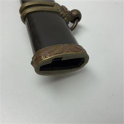 WW2 Japanese Army officer's shin gunto/katana sword with 68.5cm steel single edged blade, foliate cast brass tsuba, bound fish-skin grip with brass mounts, inscribed marks to both sides of tang; in lacquered wooden scabbard with brass mounts and locking button L97cm overall