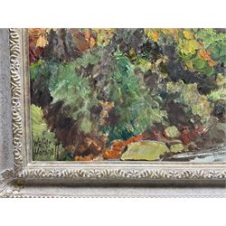 Walter Cecil Horsnell (British 1911-1997): 'Bridge End Ramsgill' Yorkshire Dales, oil on artist's board signed, titled and dated 1979 on original receipt verso 48cm x 58cm