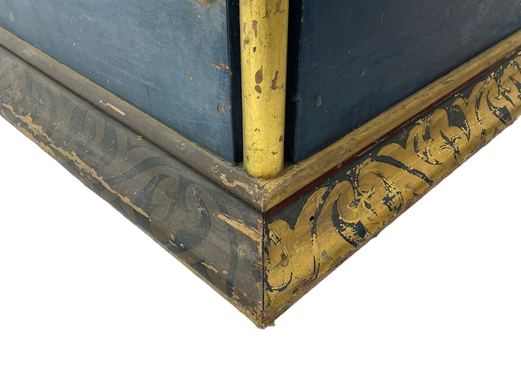 In the manner of William Burges - mid-to-late 19th century English Gothic Revival pine altar or console table, in blue and red paint with water gilding, the moulded rectangular top over six pointed arches with turned column supports, the front carved with a single row of lozenges and incised stylised motifs