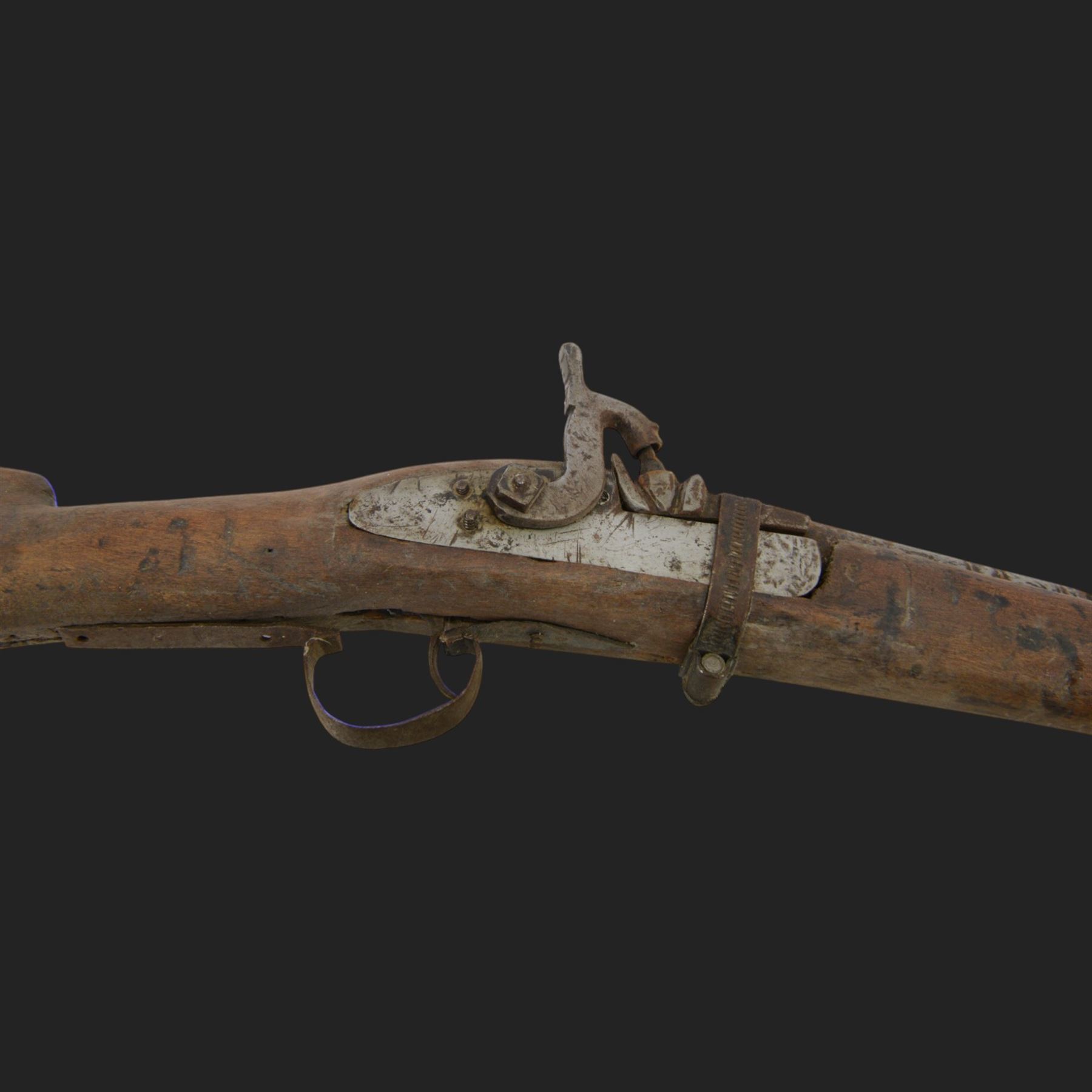 Middle Eastern percussion cap rifle, the 107cm  barrel with four brass bands and ramrod under, overall L143cm, together with another percussion rifle the 106cm barrel a copy of a 17th century Spanish barrel, complete with fake stamp, by vendors repute this rifle was confiscated from tribesmen in Kurdistan by police
Sold as an exempt item under Section 58 (2) of the 1968 Firearms Act, to be held as a curiosity or ornament