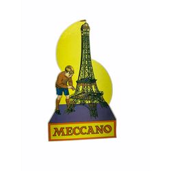 Meccano - toy shop point-of-sale cardboard advertising sign with easel back, depicting a boy finishing a large Eiffel Tower H37cm; nine catalogues 1938/9, 1939/40, 1952, 1953, three x 1956, 1958 and HRCA 1994 copy of 1939/40, bearing various toy shop addresses to front covers, some with price lists; and seven price lists 1949 - 1966.