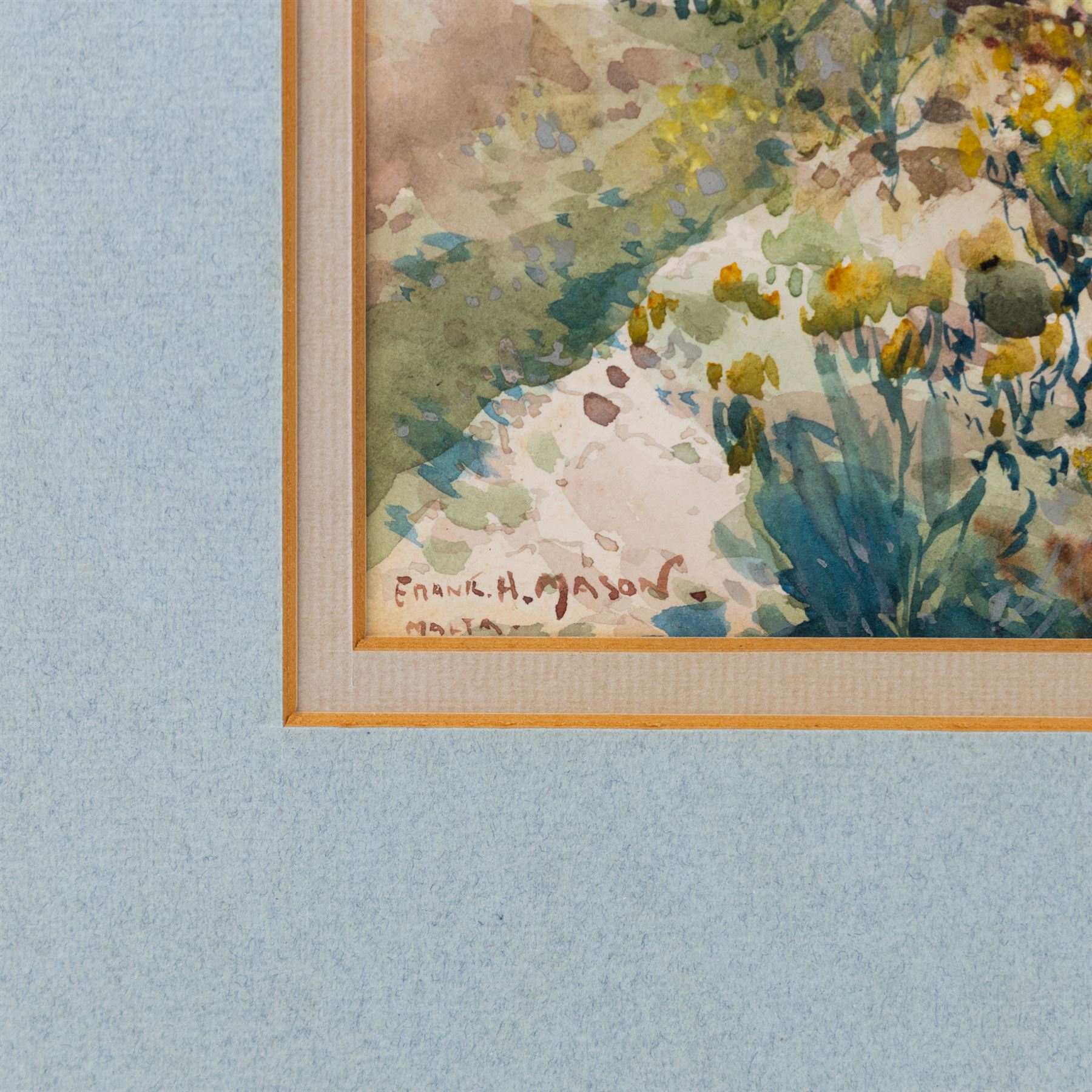 Frank Henry Mason (Staithes Group 1875-1965): 'Comino Island - Malta', watercolour signed and titled, further titled and dated c.1918-1919 on exhibition label verso 19cm x 46cm
Notes: this watercolour was possibly painted slightly later than Sliema Creek and it is one of a group of views in and around Malta, which Mason painted c.1918-1919. Others, which featured naval craft in Valetta harbour, were reproduced in the London Illustrated News in November 1919 but Mason here chooses to show no images of Malta at War.