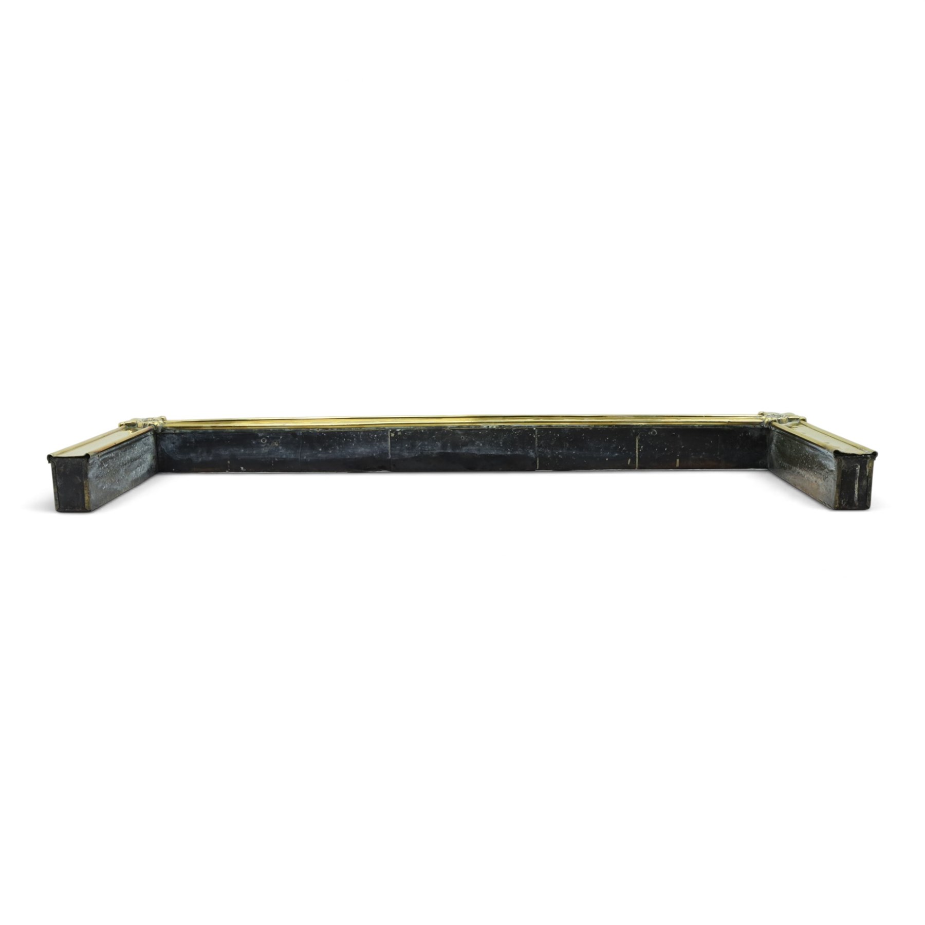 Two Edwardian brass fire curbs, comprising a decorative example with pierced vertical frieze, applied Tulips (H 21cm, W 126cm, D 32cm), together with a hammered moulded example with acanthus corners (H 12cm, W 138cm, D 37cm)