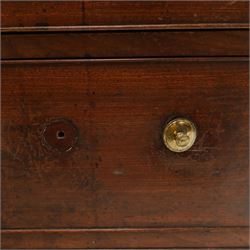 George III mahogany bureau of large proportions, the fall-front enclosing fitted interior with fluted column secret compartments and assorted pigeonholes and correspondence drawers flanking central cupboard, over four graduating cock-beaded drawers with original brass swan-neck handles, raised on bracket feet