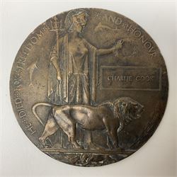WW1 bronze memorial plaque named to Charlie Cook; with Princess Mary Christmas 1914 brass tin (2)