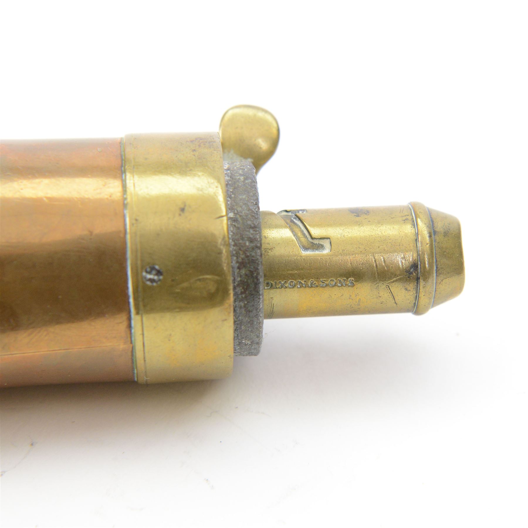 Copper gun powder flask, marked 'James Dixon & Sons' decorated in relief with hunter with pointer, L20cm