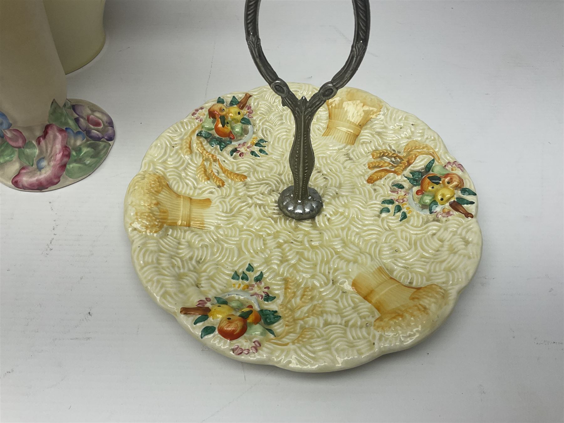 Collection of 1930s ceramics, comprising Shorter & Son jug with bird handle, set of three J.H.W & Sons graduating jugs, Clarice Cliff My Garden pattern vase and Celtic Harvest pattern cake plate and a Burleigh Ware sandwich plate set, bird jug H21cm