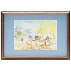 U Ba Thet (Burmese 1903-1972): View of Shwedagon Pagoda and Burmese Bullock Carts, pair of watercolours signed, 13cm x 19cm, 13.3cm x 19cm (2)
