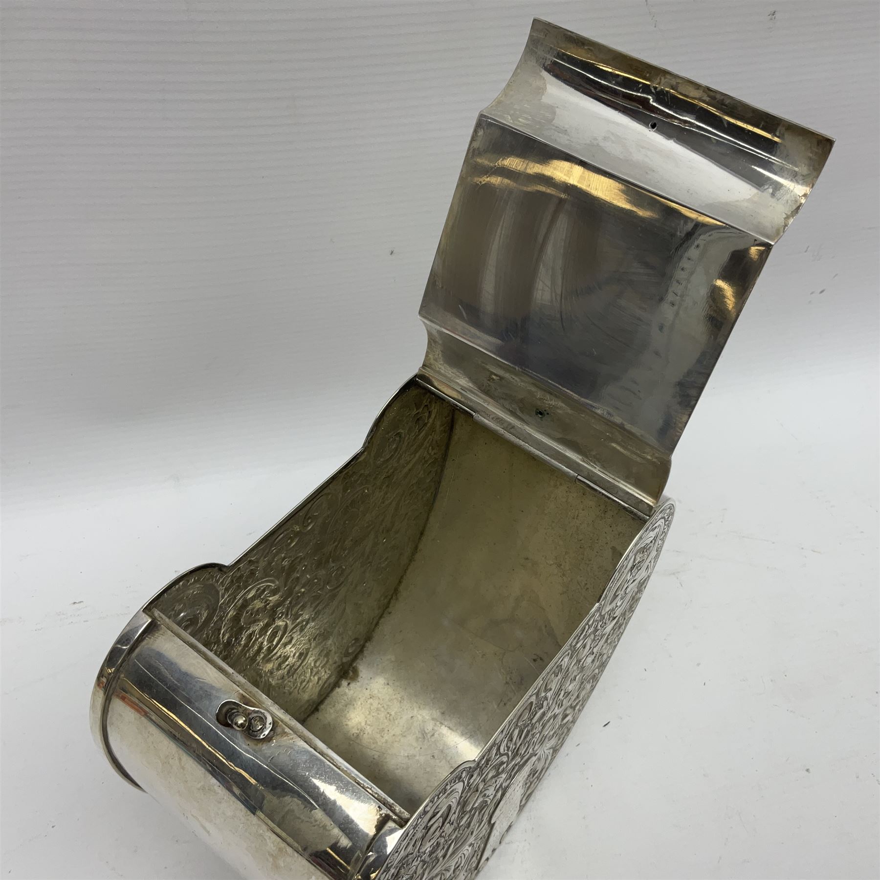 Silver plated, tea caddy, in the form of a heart, with repousse decoration, presented to H Whitcombe, H20cm