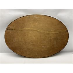 19th century mother of pearl engraved game tokens, displayed in an oval gilt frame, H82cm