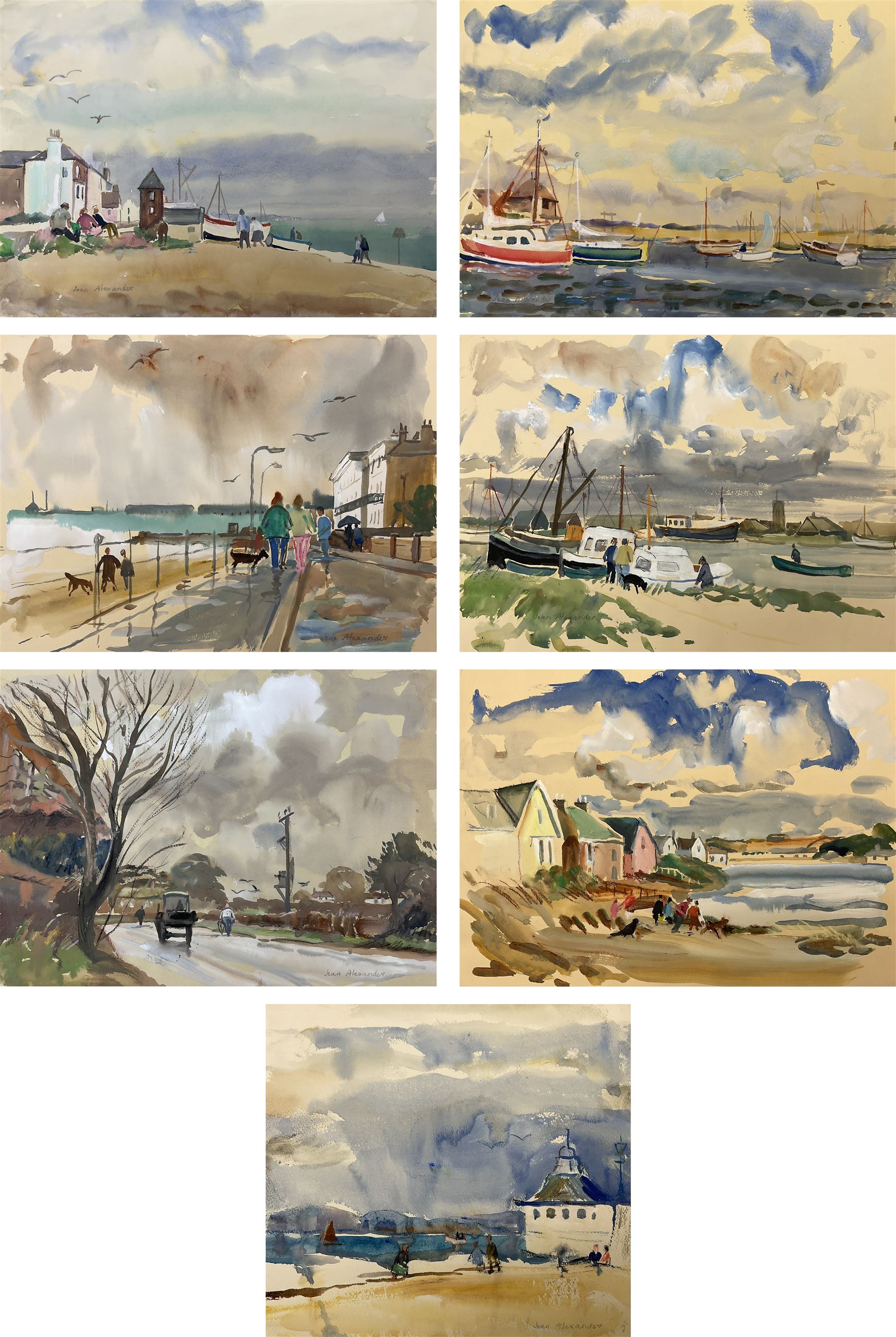 Jean Alexander (British 1911-1994): Views in Suffolk, comprising: 'Morning on the Shore - Aldeburgh July 1984', 'Sunshine on the Backwater - Aug '85 with Stephanie', 'Stormy Weather - High Sea near East Terrace Aug 1988', 'Walberswick - July 1990', 'Squally Weather near Bungay (outside Joan's house Broom Tuns) Jan 1990', 'Polzeath N. Cornwall - August 1989', and another untitled, watercolours, each signed, variously titled and dated verso, the titled 27.5cm x 37.5cm (unframed), the other 25cm x 27cm (mounted) (7)