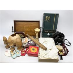 Group of assorted collectables, to include Edwardian twin handled rectangular tray, ivorine figural stand, christening gown, etc., in one box 
