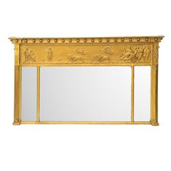 Early 19th century gilt overmantel mirror in the neoclassical taste, rectangular tripartit...