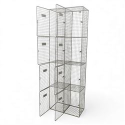 Mid-20th century industrial wire mesh locker, comprising eight compartments with hinged doors and metal label plates, galvanised finish 