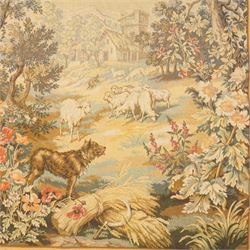 Large French Aubusson style verdure tapestry, of 18th century design but later, depicting rural scene with goats, 155cm x 210cm